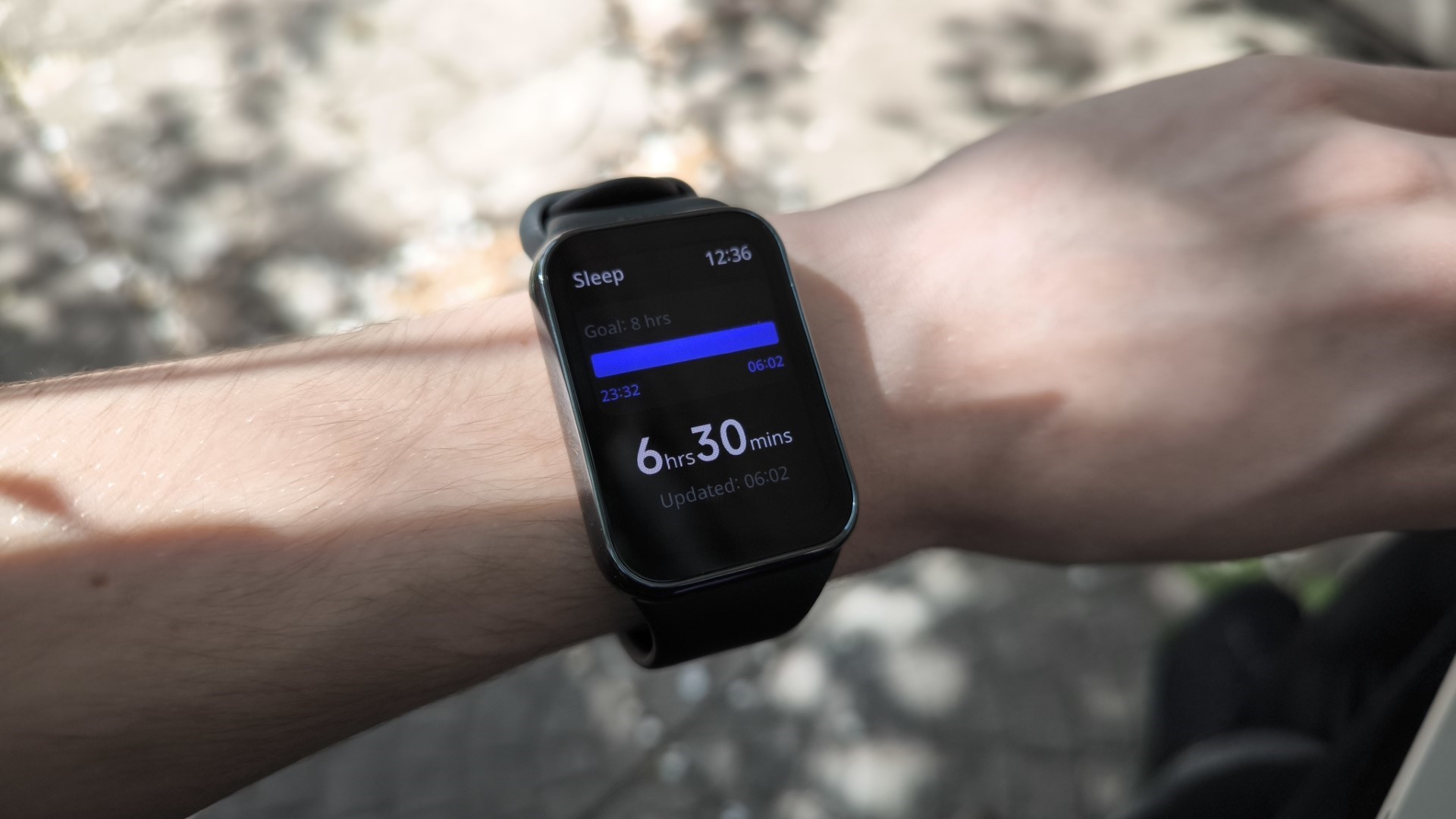 Xiaomi Smart Band 8 Pro showing the sleep history screen. It shows slept 6 hours and 30 minutes with the goal at 8 hours.